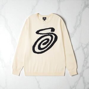 Stussy Cream Knit Crewneck Sweater with Black Logo